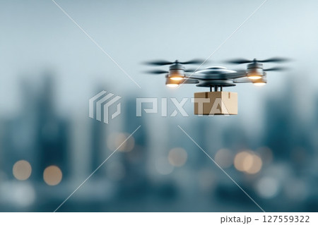 Drone Delivering Package Over City Skyline 127559322