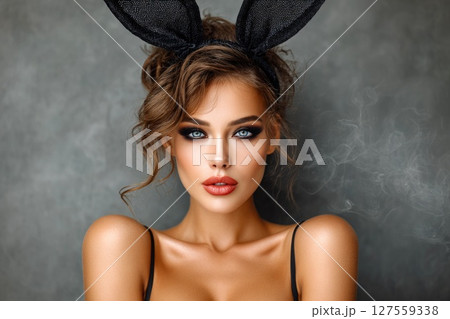 Glamorous Woman with Bunny Ears and Bold Makeup 127559338
