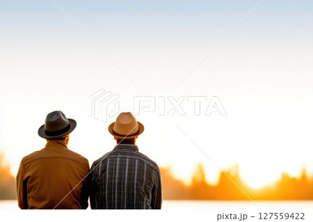 Two Men Sitting With Hats Watching Sunset 127559422