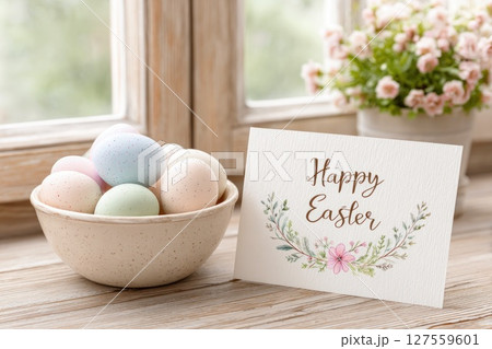 Easter Eggs in Bowl with Greeting Card Easter Eggs in Bowl with Greeting Card 127559601