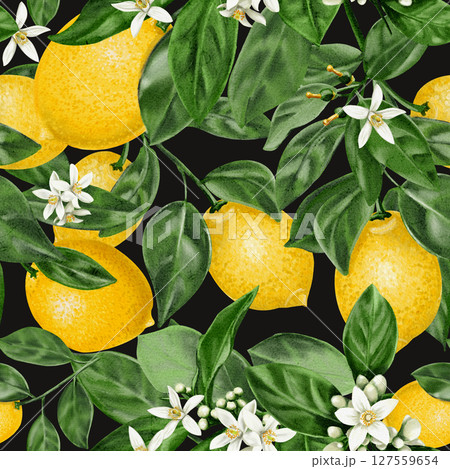 Seamless pattern with lemons. Citrus flowers on a branch with leaves and fruits. Vintage summer pattern for fabric. Small white flowers. Watercolor illustration on a dark background. Hand drawn.  127559654