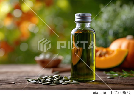 Green Pumpkin Seed Oil with Sliced Pumpkin and Seeds Green Pumpkin Seed Oil with Sliced Pumpkin and Seeds 127559677