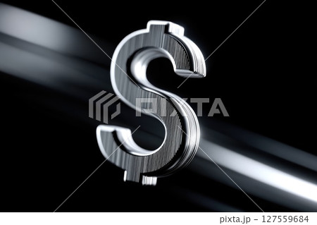 High-Tech Chrome Dollar Sign Floating with Light Beams 127559684