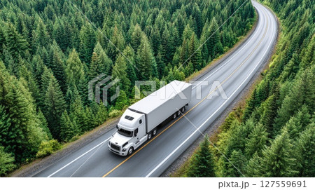 White Semi Truck Driving Through Forested Highway 127559691
