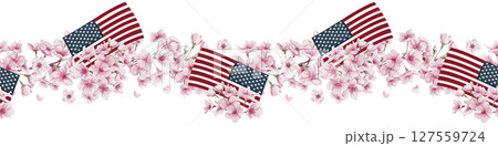 Seamless border with sakura flowers and the USA flag. National Cherry Blossom Festival. Flag Day. Small pink flowers. Blooming sakura branch. Watercolor illustration. Hand drawn.  127559724