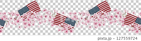 Seamless border with sakura flowers and the USA flag. National Cherry Blossom Festival. Flag Day. Small pink flowers. Blooming sakura branch. Watercolor illustration. Hand drawn.  127559724
