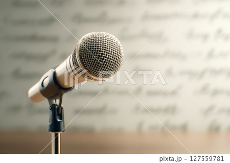 Golden Microphone with Blurred Handwriting Background 127559781