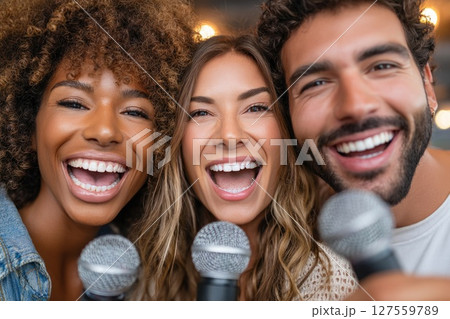 Happy Friends Enjoying Karaoke Night Together Happy Friends Enjoying Karaoke Night Together 127559789