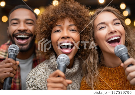 Young People Singing Joyfully at a Karaoke Party Young People Singing Joyfully at a Karaoke Party 127559790