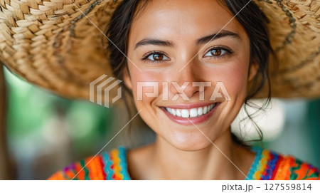 Smiling Woman in Traditional Mexican Hat and Colorful Embroidered Blouse 127559814