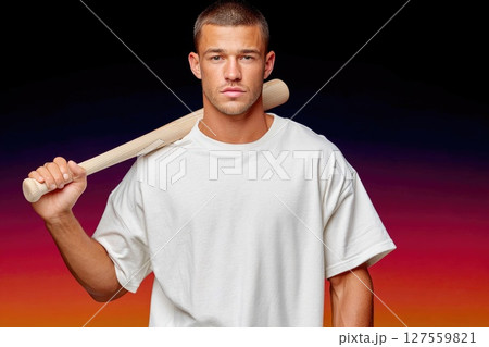 Focused Baseball Player in White Shirt with Bat on Shoulder Focused Baseball Player in White Shirt with Bat on Shoulder 127559821