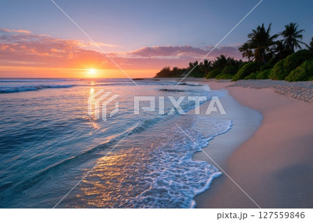 Colorful Sunset on Tropical Shoreline 127559846
