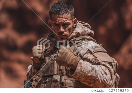 Tough Soldier Ready for Combat in Desert Environment 127559879