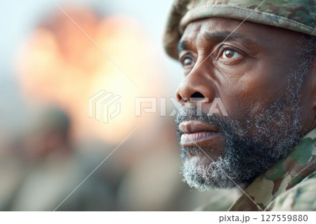 Reflective Soldier Staring into Distance Near Explosion 127559880