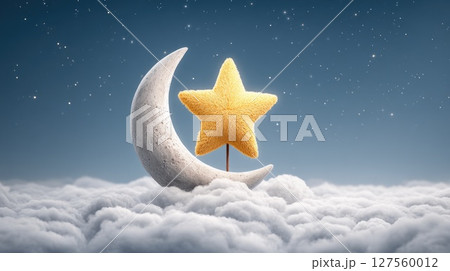 Crescent Moon and Star on Cloud Bed Under Starry Sky Crescent Moon and Star on Cloud Bed Under Starry Sky 127560012