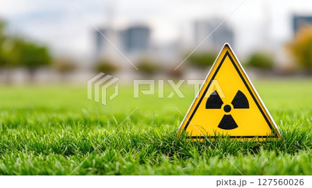 Radiation Hazard Sign on Green Grass Near City 127560026