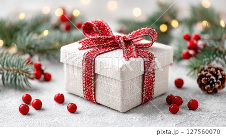Festive Christmas Gift with Red Ribbon and Decor 127560070