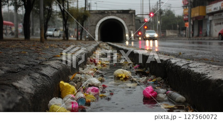 Urban Street Drain with Plastic Waste Pollution 127560072