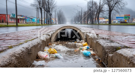 Stormwater Drain Clogged with Plastic Garbage 127560073