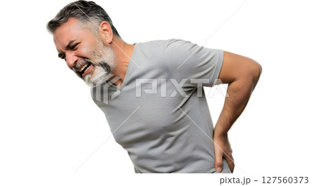 Hispanic middle aged man in gray shirt bending forward with intense lower back pain isolated on white background 127560373