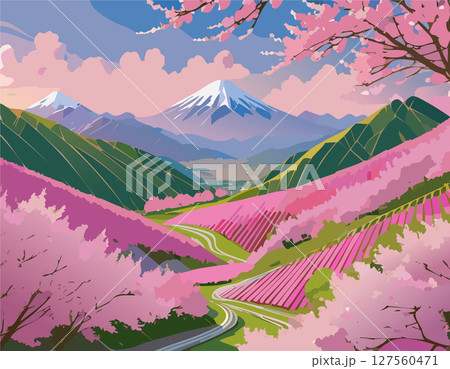 谷や尾根を埋める桜 127560471