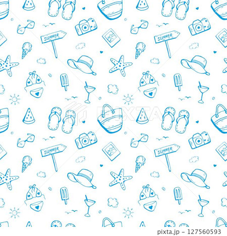 Summer vacation blue icon seamless handdrawn pattern. Summer beach elements. Summer vacation blue icon seamless handdrawn pattern. Summer beach elements. 127560593