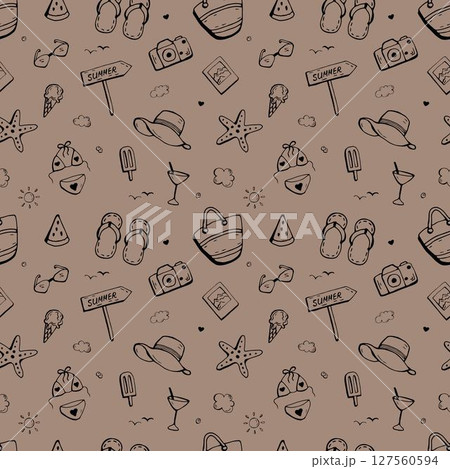 Summer vacation icon seamless handdrawn pattern. Summer beach elements. Mocha Mousse background Summer vacation icon seamless handdrawn pattern. Summer beach elements. Mocha Mousse background 127560594