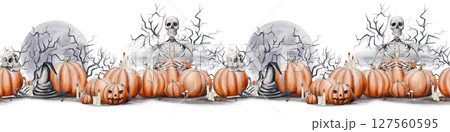 Seamless border with pumpkins and skeletons. Jack's head. Halloween border. Old black hat. Scary branches with cobwebs and full moon. Candles are burning. Watercolor illustration. Hand drawing. Seamless border with pumpkins and skeletons. Jack's head. Halloween border. Old black hat. Scary branches with cobwebs and full moon. Candles are burning. Watercolor illustration. Hand drawing. 127560595