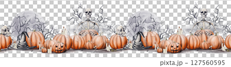 Seamless border with pumpkins and skeletons. Jack's head. Halloween border. Old black hat. Scary branches with cobwebs and full moon. Candles are burning. Watercolor illustration. Hand drawing.  127560595