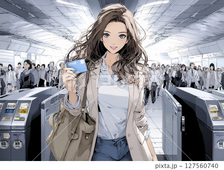駅の自動改札をカードで通過する若い女性のイラスト素材 127560740