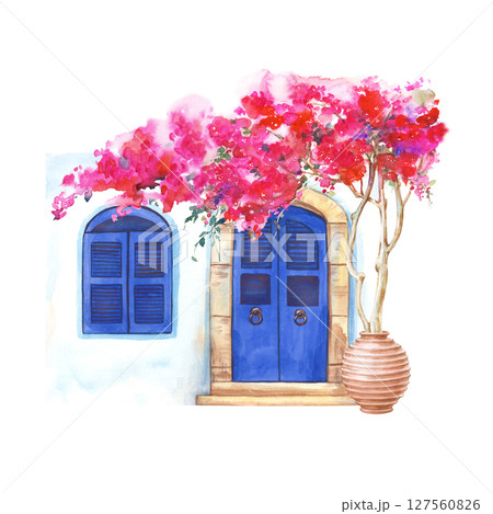 A hand-painted composition with a traditional Greek house and a bush of bright bougainvillea in a clay pot. Watercolor illustration of an architectural fragment with pink flowers. White house, blue A hand-painted composition with a traditional Greek house and a bush of bright bougainvillea in a clay pot. Watercolor illustration of an architectural fragment with pink flowers. White house, blue 127560826