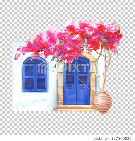 A hand-painted composition with a traditional Greek house and a bush of bright bougainvillea in a clay pot. Watercolor illustration of an architectural fragment with pink flowers. White house, blue 127560826