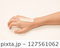 Medical adhesive plaster is pasted on hand of child hand, selective focus, on white background 127561062