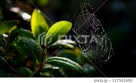 蜘蛛の糸と朝露の自然なパターン 127561093
