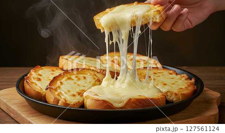 Woman's hand pulling a hot slice of toasted bread with melted cheese from a cast iron pan with steam. Delicious snack food for restaurant menu concept. 127561124