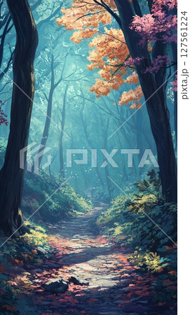 A peaceful forest trail with autumn leaves on the ground. A peaceful forest trail with autumn leaves on the ground. 127561224