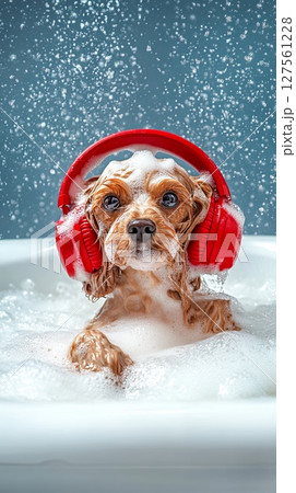 Poodle enjoying bubble bath with headphones. 127561228