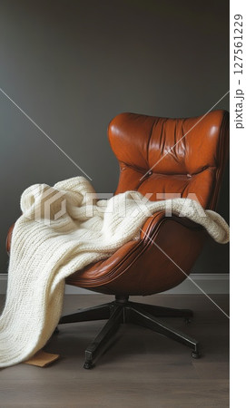 wool sweater draped over leather armchair. 127561229