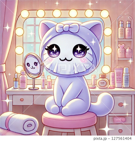 にゃんコスメ　猫が化粧をするイラスト 127561404