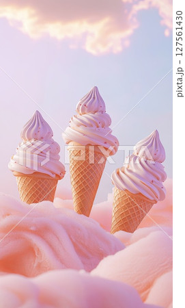 Three ice cream cones swirling in the breeze. 127561430