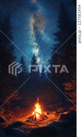 campfire glowing under starry forest night. 127561454