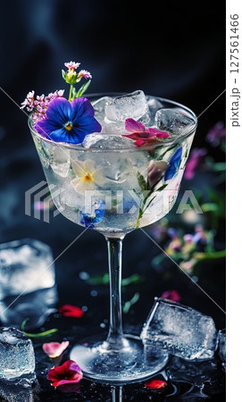 floral cocktail with edible ice cubes tutorial. 127561466