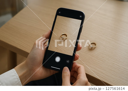 スマホで商品を撮影してLINE査定・オンライン査定に出品するイメージ素材セット スマホで商品を撮影してLINE査定・オンライン査定に出品するイメージ素材セット 127561614