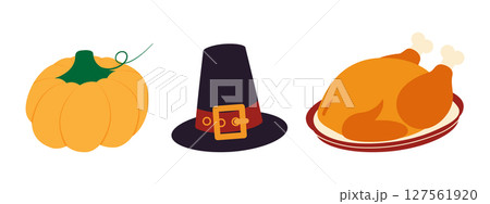 Autumn Pumpkin, Pilgrim Hat and Fried Turkey on plate Thanksgiving symbols Flat design Elements Set 127561920