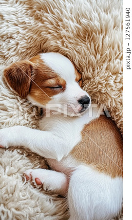 sleepy puppy curled on fluffy throw pillow. 127561940