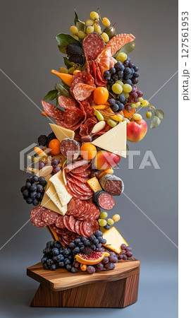 vertical charcuterie board cheese, meat, fruit. 127561953