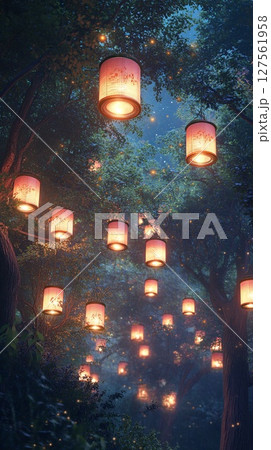 lanterns glowing softly in forest at night. 127561958