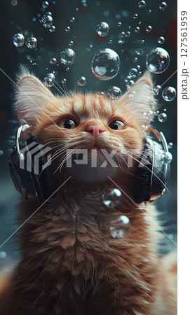 Cat with bubble beard listening to music. 127561959
