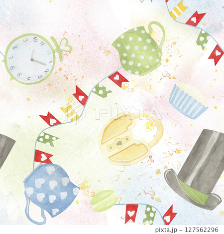 Seamless watercolor pattern with teacups, cupcakes, click, lock, top hat,garland and macarons on a pastel background. Ideal for party decor, invitations, scrapbooking, or children designs, wallpaper 127562296
