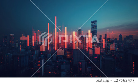 Futuristic city skyline with giant digital screens showing tax cuts and increased public spending, fiscal effects, economic stimulus 127562477